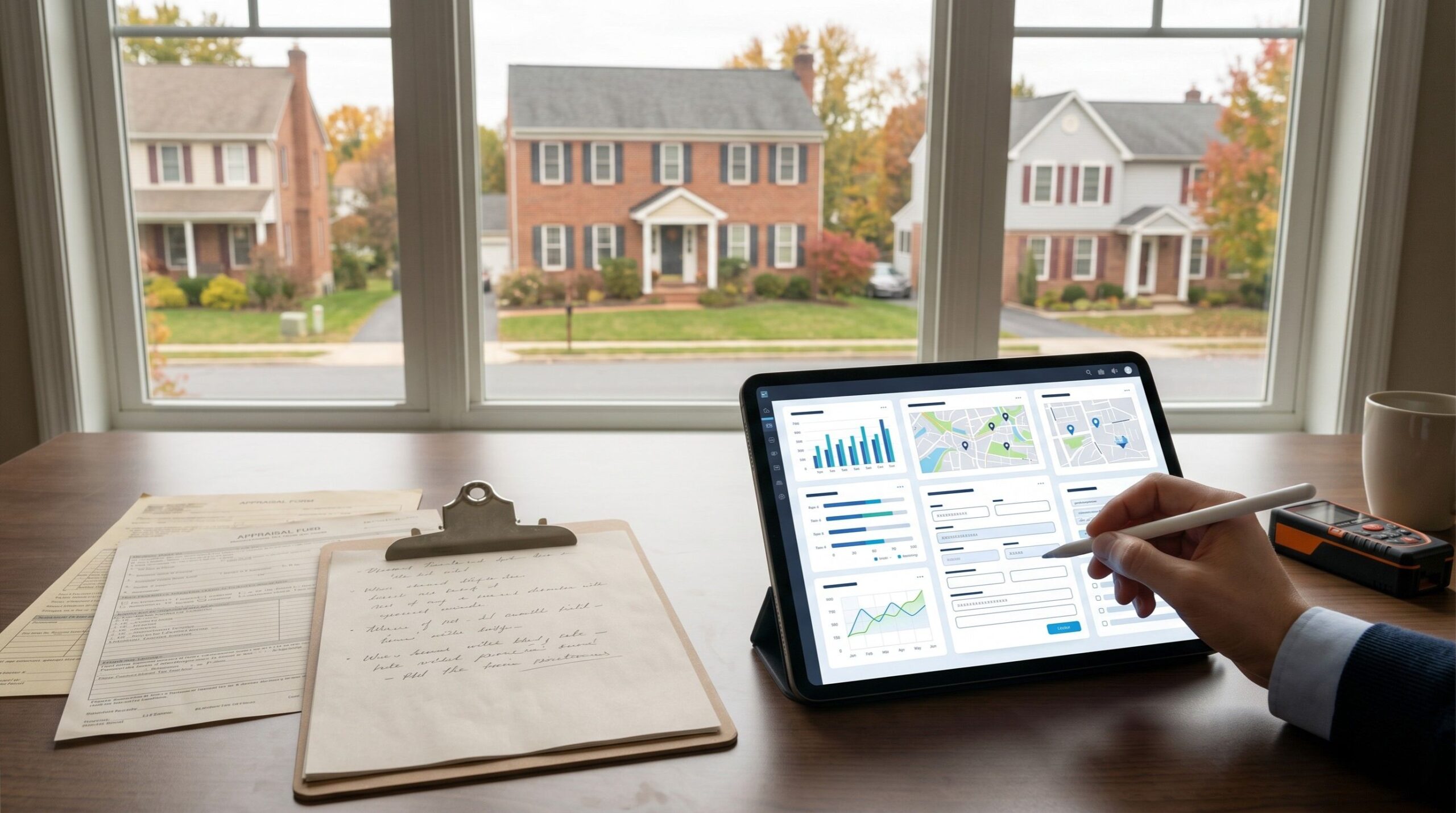 article header image of an appraisal dashboard on an ipad and houses outside the window - for 2026 Home Appraisal Changes: What Carlisle Home Sellers and Homeowners Need to Know - Carlisle Home LIsting Specialist