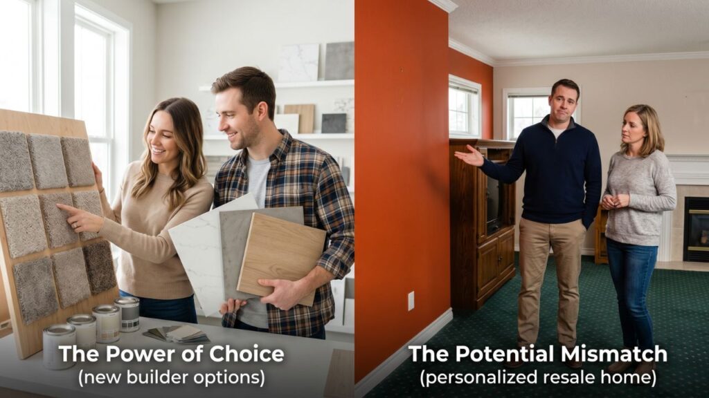 section image for The Power of Choice - depicts on left side a couple picking out selections for a new home and on the right is a couple looking at a house that is highly personalized already