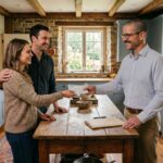 article thumbnail of a couple handing carlisle home listing specialist derek bicksler a commission check in a rustic historic style carlisle kitchen