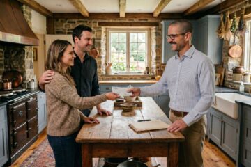 article thumbnail of a couple handing carlisle home listing specialist derek bicksler a commission check in a rustic historic style carlisle kitchen