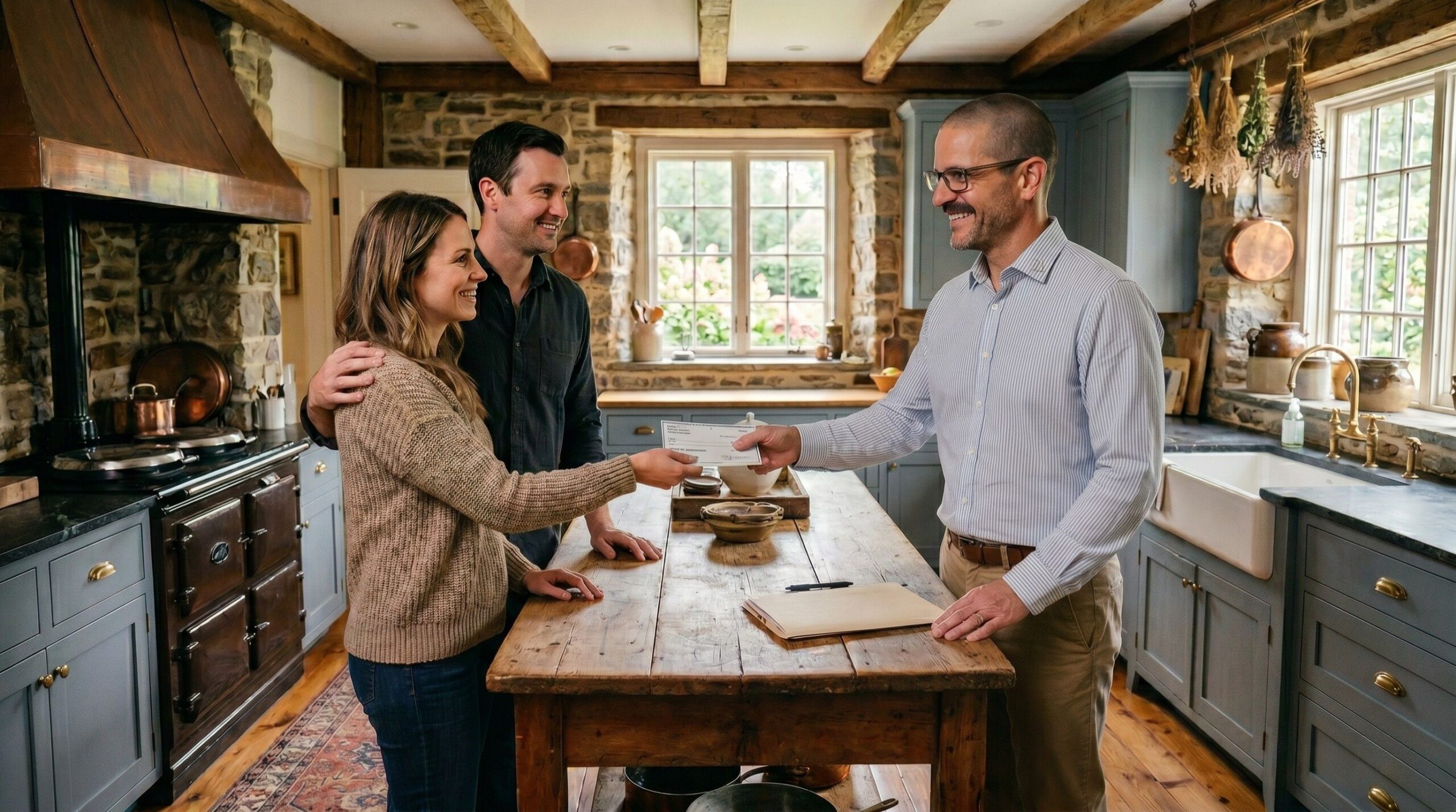 article thumbnail of a couple handing carlisle home listing specialist derek bicksler a commission check in a rustic historic style carlisle kitchen