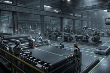 article header for How will AI and Automation Affect Home Values in Carlisle, PA?: The Pros and Cons - image is of cinematic photography style shot of the interior of a commercial rubber roofing manufacturing facility (like carlisle syntec roofing in carlisle) with humanoid robots and other automatated robots doing everything. no humans.
