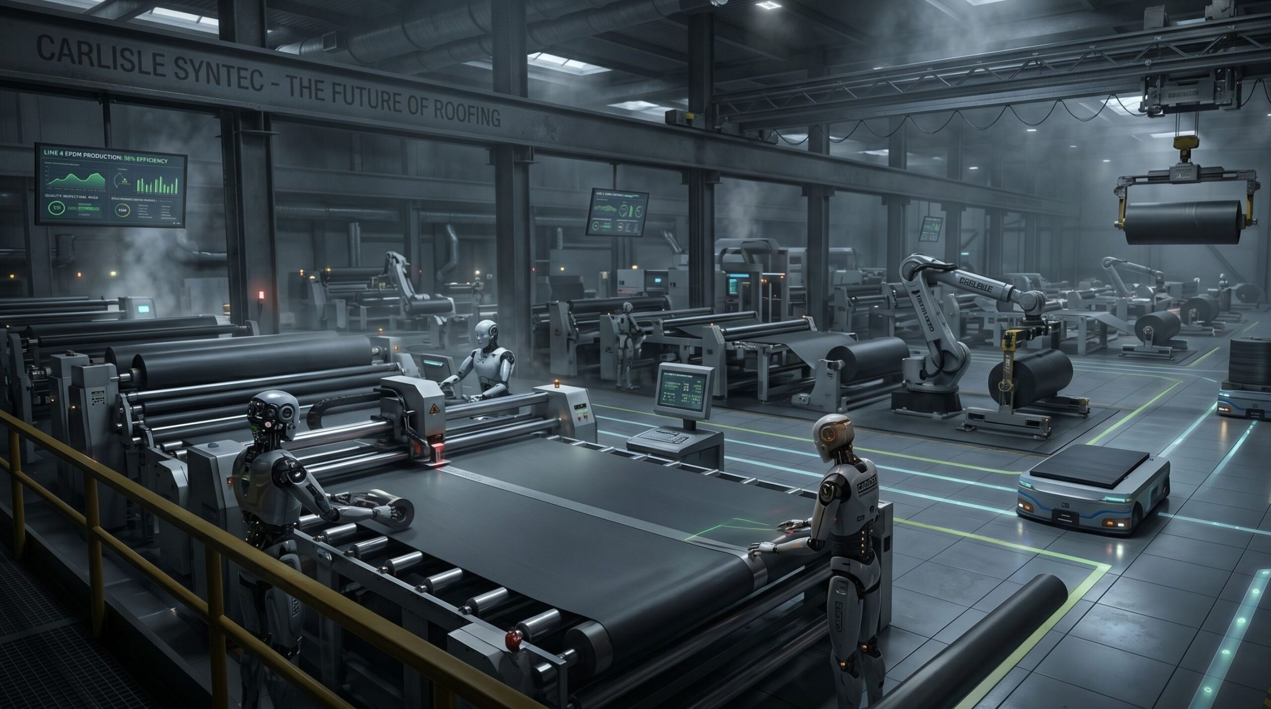article header for How will AI and Automation Affect Home Values in Carlisle, PA?: The Pros and Cons - image is of cinematic photography style shot of the interior of a commercial rubber roofing manufacturing facility (like carlisle syntec roofing in carlisle) with humanoid robots and other automatated robots doing everything. no humans.