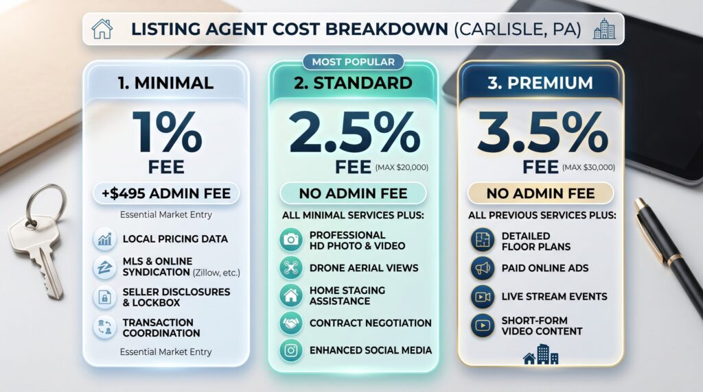 infographic showing examples of derek bicksler's listing commission options - carlisle, pa home seller resources and tips