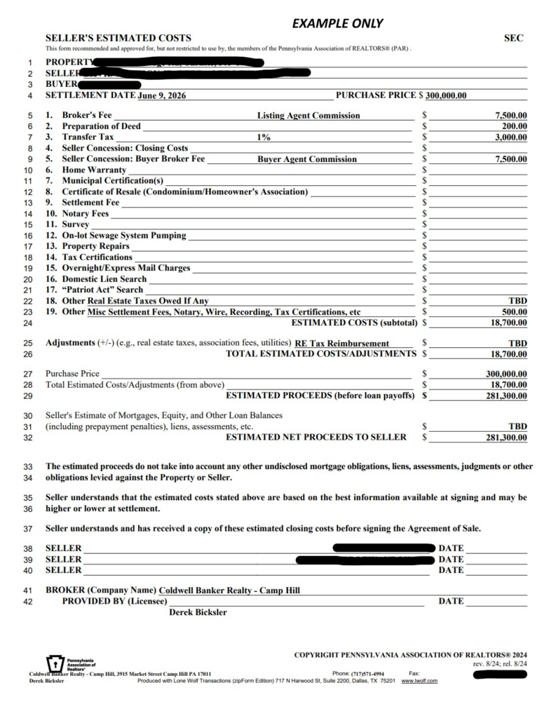 Example Pennsylvania Association of Realtors Seller's Estimated Costs Form for article answering the question How Much Does It Cost to Sell a Home in Carlisle, PA?