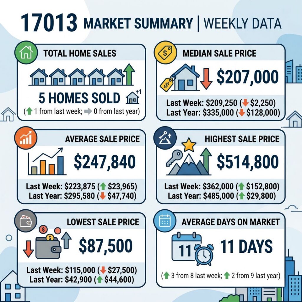 infographic showing the home sale closings comparables stats for closings that happened may 18 through 24, 2026 in carlisle, pa 17013
