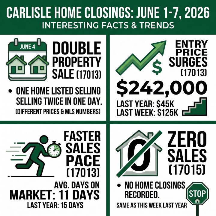 infographic for "Interesting Facts" section of home closing stats for carlisle 17013 and 17015 the week of june 1 through june 7, 2026 - shows a few of the interesting fun facts about the sales