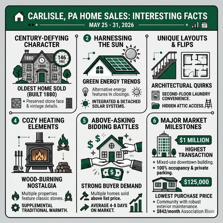 infographic depicting interesting facts about the home sales that closed last week may 25-31, 2026 in carlisle, pa