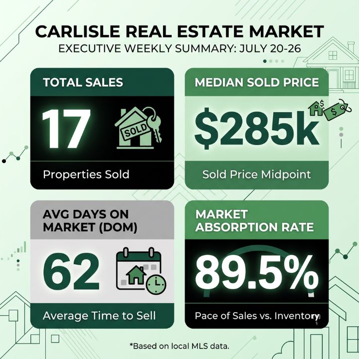 summary infographic of home closing stats for homes that closed July 20 through 26, 2026 in carlisle, pa