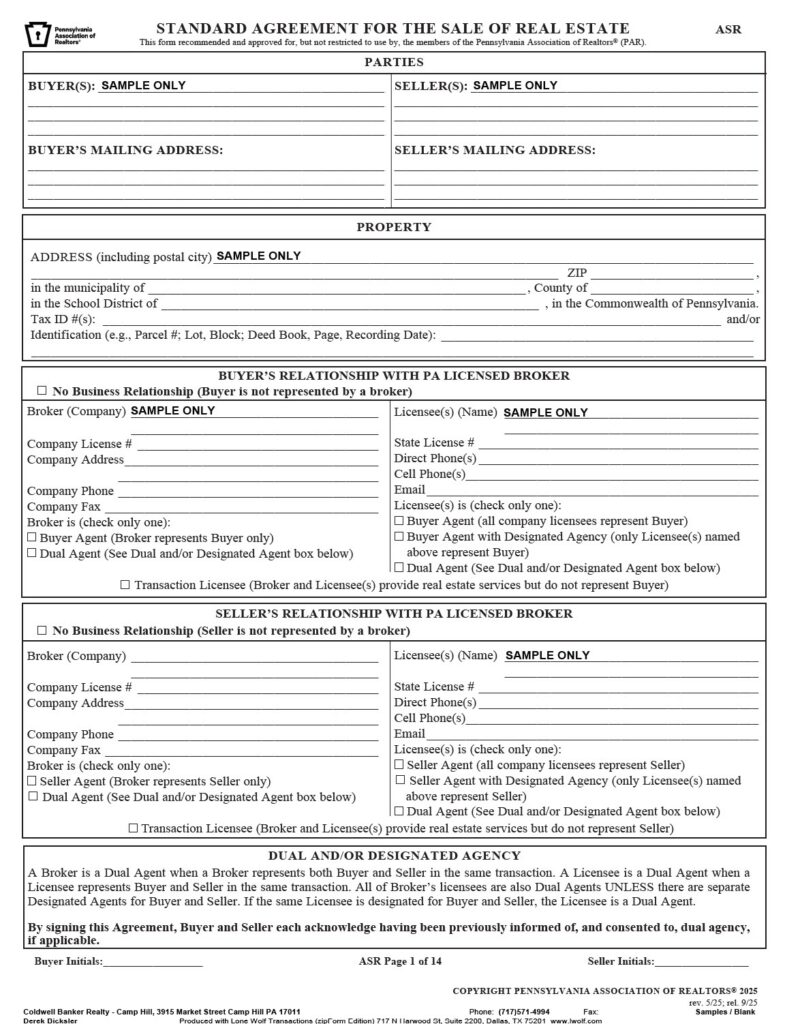 Page 1 of The Carlisle Pennsylvania Residential Real Estate Agreement of Sale