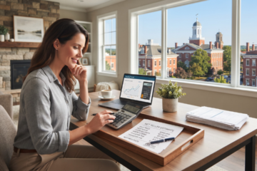 page banner image of a woman in an office calculating costs for the carlisle, pa home seller's estimated closing costs calculator