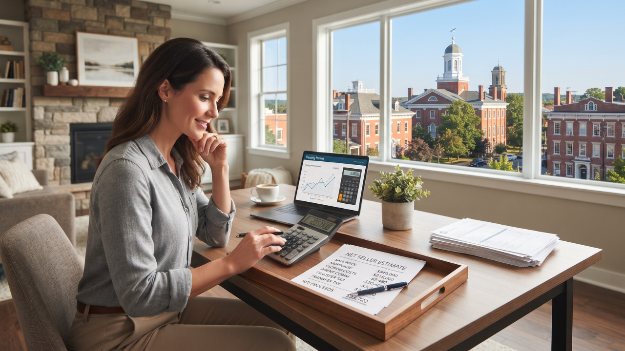 page banner image of a woman in an office calculating costs for the carlisle, pa home seller's estimated closing costs calculator