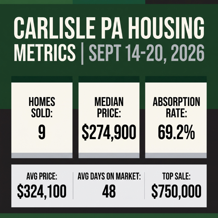 infographic showing a summary of home closing statistics for the week of september 14 through 20, 2026 in carlisle, pa